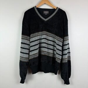 Vtg Campus‎ Sweater Men's L Black Gray Striped Knit V-Neck Balloon Sleeve Cozy